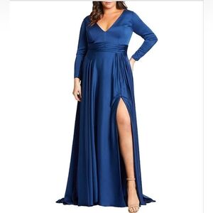 Leena For Mac Duggal Sz 14 Satin V-Neck Long Sleeve Side Slit A-Line Gown NWOT